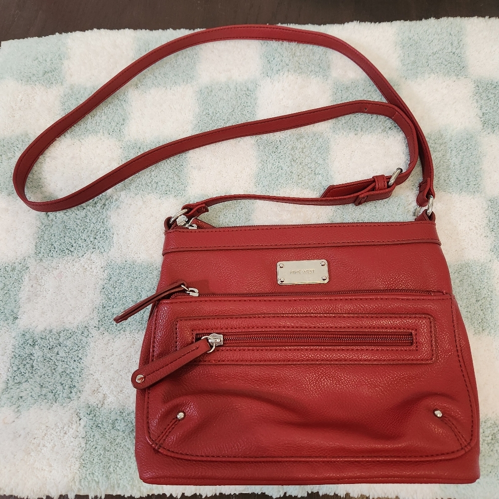 Nine West Red, Medium Size Crossbody Bag With 3 Zipper Pockets